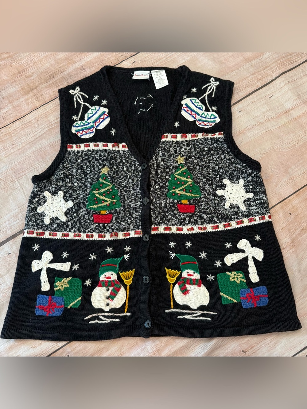 Bobbie Brooks 90's Womens Size L Christmas Sweater Vest Snowman Tree Knit Beads